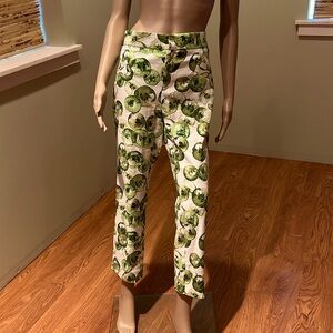Zara Cotton Crop Pants White With Green Kiwi Print Size XL